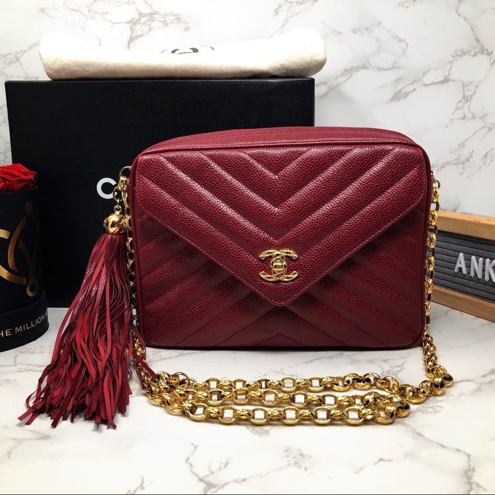 Sold Chanel Chevron Caviar Leather Tassel Vintage Bijoux Chain Camera Bag